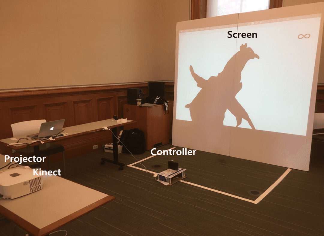 Setup of Shadow Play requires enough space to place projector, Kinect, and object activity area. Taped area on the floor is to guide users of the activity space